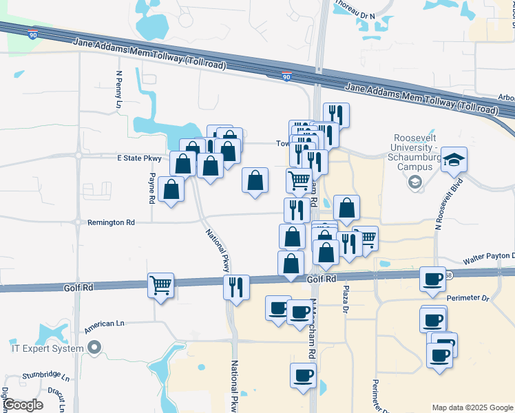 map of restaurants, bars, coffee shops, grocery stores, and more near 1250 Remington Road in Schaumburg