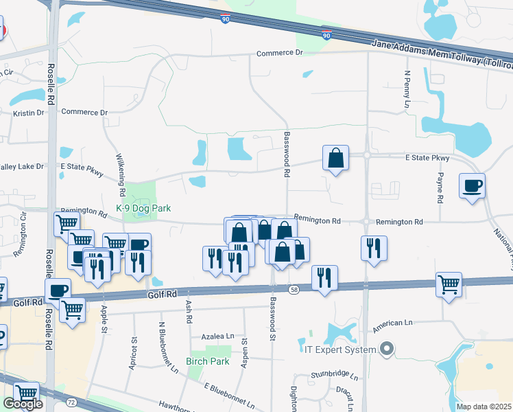 map of restaurants, bars, coffee shops, grocery stores, and more near 500 Remington Road in Schaumburg