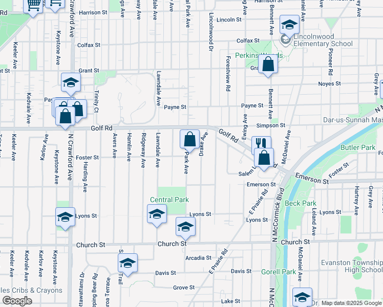 map of restaurants, bars, coffee shops, grocery stores, and more near 9510 Drake Avenue in Evanston