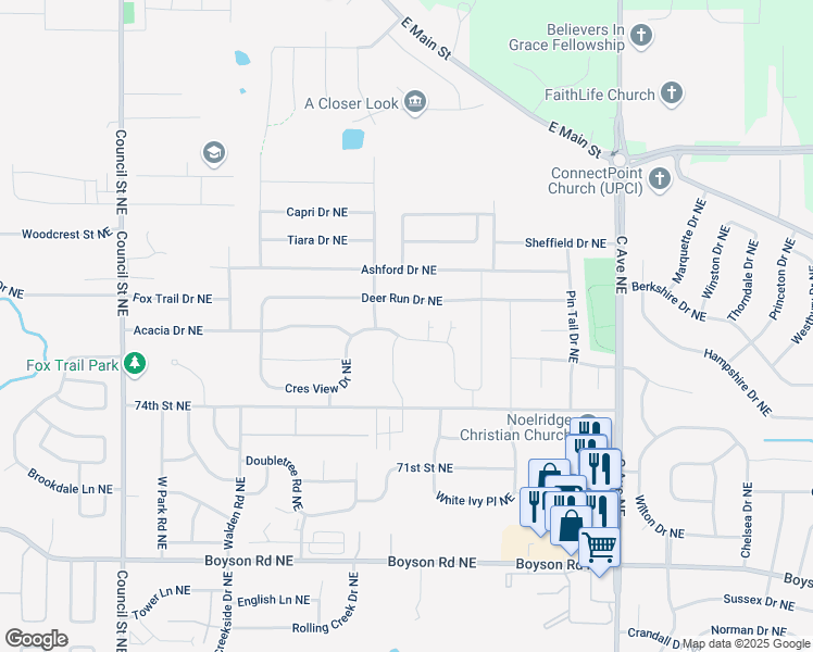 map of restaurants, bars, coffee shops, grocery stores, and more near 845 Ashford Drive Northeast in Cedar Rapids