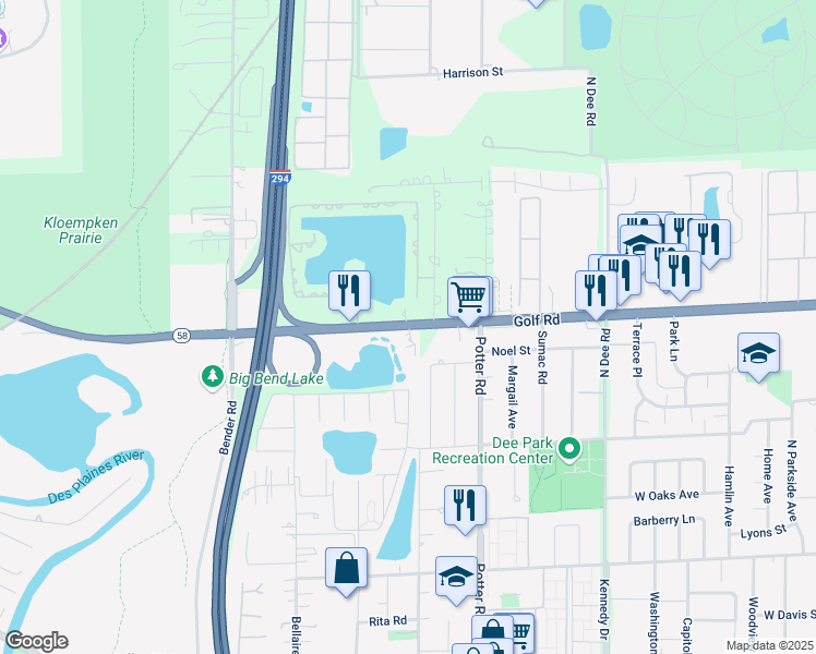 map of restaurants, bars, coffee shops, grocery stores, and more near 9599 West Golf Road in Des Plaines