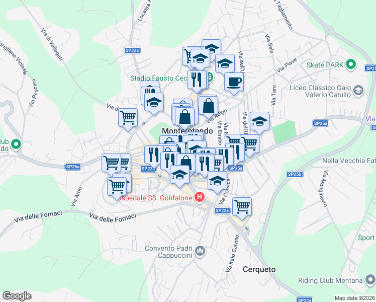 map of restaurants, bars, coffee shops, grocery stores, and more near Via Marsala in Monterotondo