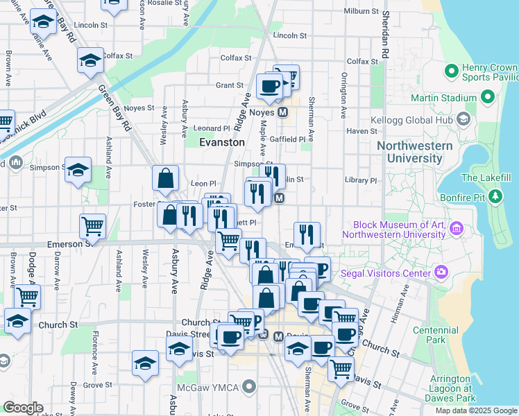 map of restaurants, bars, coffee shops, grocery stores, and more near 2001 Pratt Court in Evanston