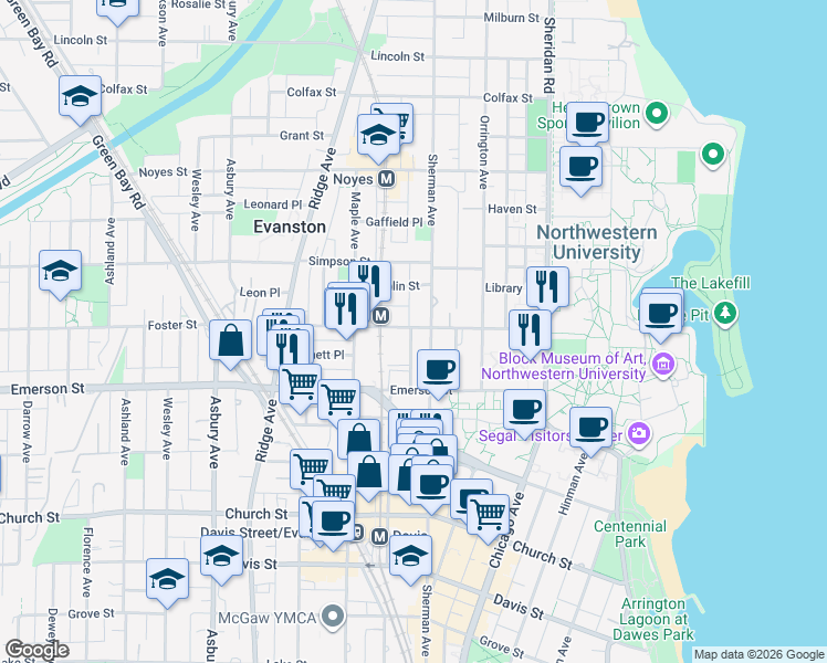 map of restaurants, bars, coffee shops, grocery stores, and more near 1940 Sherman Avenue in Evanston
