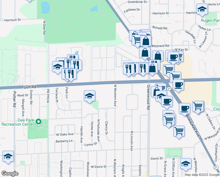 map of restaurants, bars, coffee shops, grocery stores, and more near 8801 West Golf Road in Niles