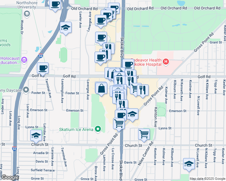 map of restaurants, bars, coffee shops, grocery stores, and more near 4840 Foster Street in Skokie