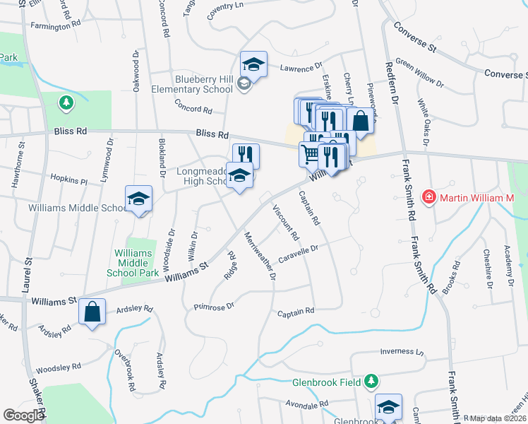 map of restaurants, bars, coffee shops, grocery stores, and more near 675 Williams Street in Longmeadow