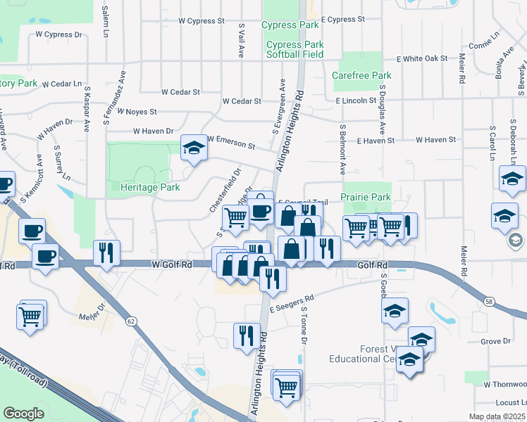 map of restaurants, bars, coffee shops, grocery stores, and more near 1710 Arlington Heights Road in Arlington Heights