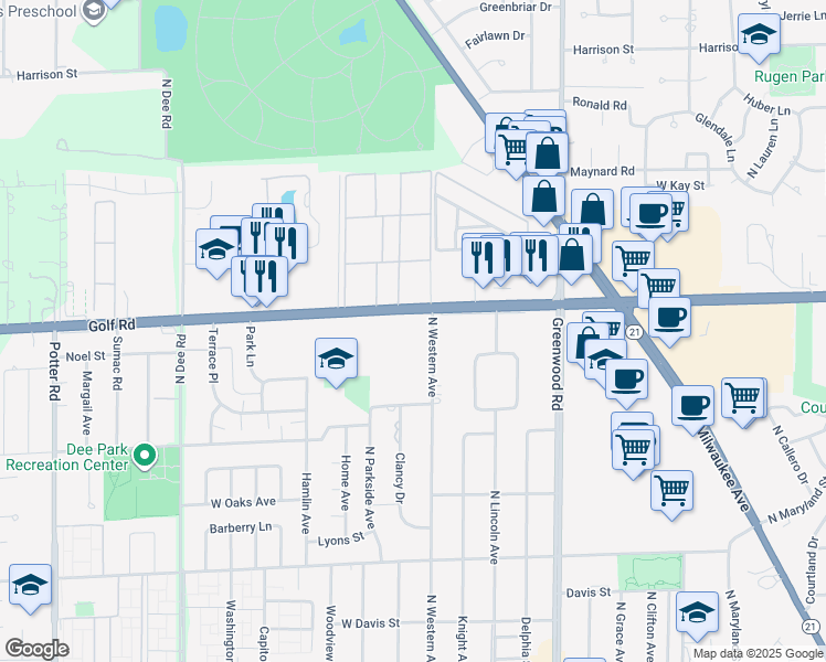 map of restaurants, bars, coffee shops, grocery stores, and more near 8801 West Golf Road in Niles