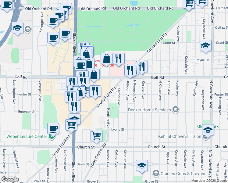 map of restaurants, bars, coffee shops, grocery stores, and more near 9525 Gross Point Road in Skokie