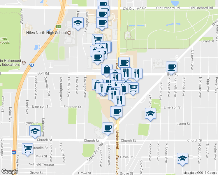 map of restaurants, bars, coffee shops, grocery stores, and more near 4840 Foster Street in Skokie