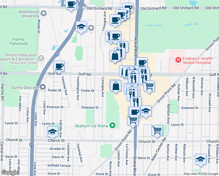 map of restaurants, bars, coffee shops, grocery stores, and more near 4900 Foster Street in Skokie