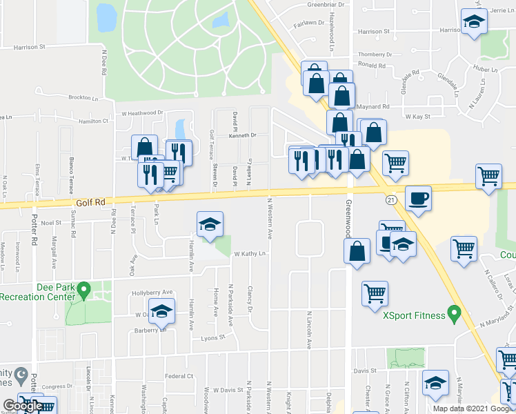 map of restaurants, bars, coffee shops, grocery stores, and more near 8801 West Golf Road in Niles