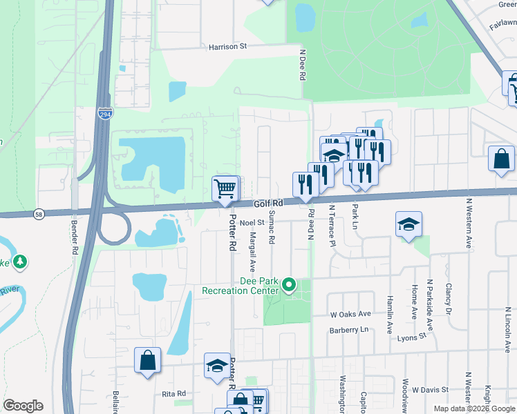 map of restaurants, bars, coffee shops, grocery stores, and more near 9252 West Golf Road in Des Plaines