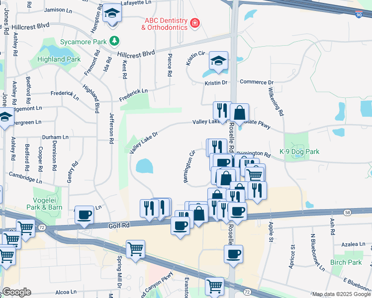 map of restaurants, bars, coffee shops, grocery stores, and more near 105 Salado Court in Schaumburg