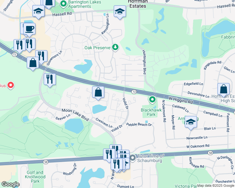 map of restaurants, bars, coffee shops, grocery stores, and more near 1375 Rebecca Drive in Hoffman Estates