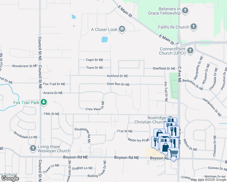map of restaurants, bars, coffee shops, grocery stores, and more near 220 Coach Street in Robins