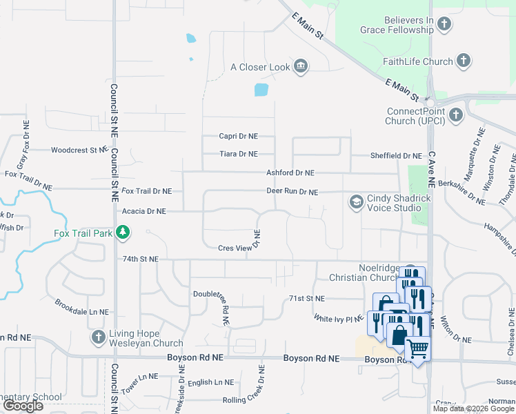 map of restaurants, bars, coffee shops, grocery stores, and more near 1032 Acacia Drive Northeast in Cedar Rapids
