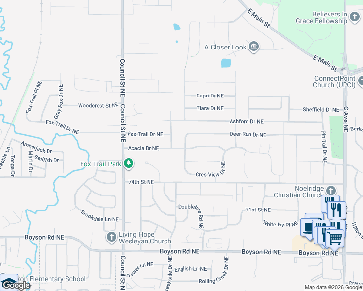 map of restaurants, bars, coffee shops, grocery stores, and more near 1320 Deer Run Drive Northeast in Cedar Rapids