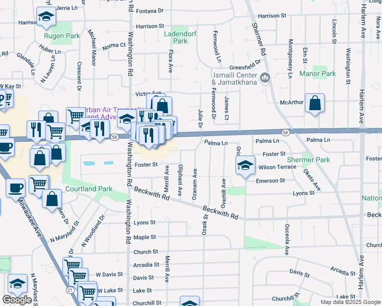 map of restaurants, bars, coffee shops, grocery stores, and more near 9514 Ozanam Avenue in Morton Grove