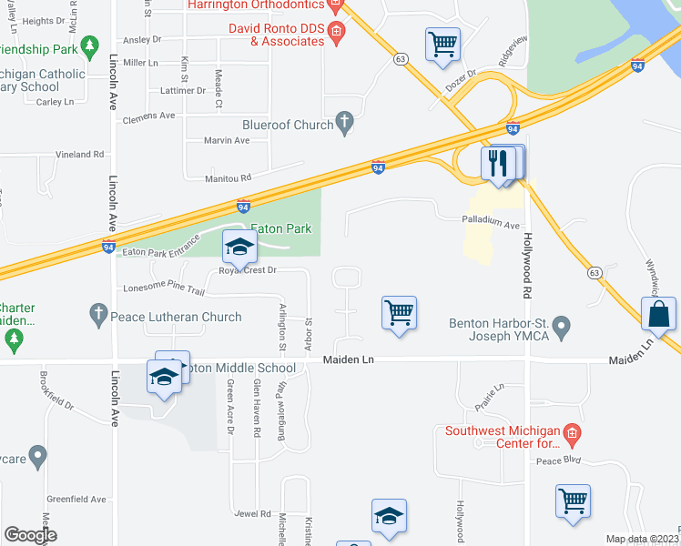map of restaurants, bars, coffee shops, grocery stores, and more near 439 Symphony Circle in St. Joseph