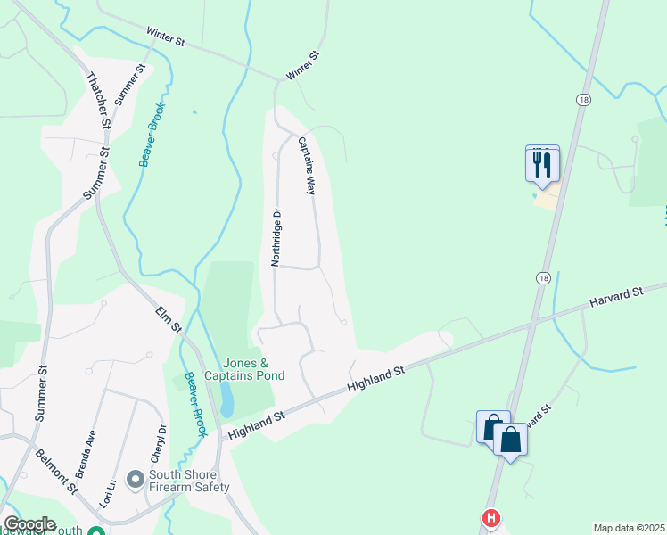 map of restaurants, bars, coffee shops, grocery stores, and more near 25 Captains Way in East Bridgewater