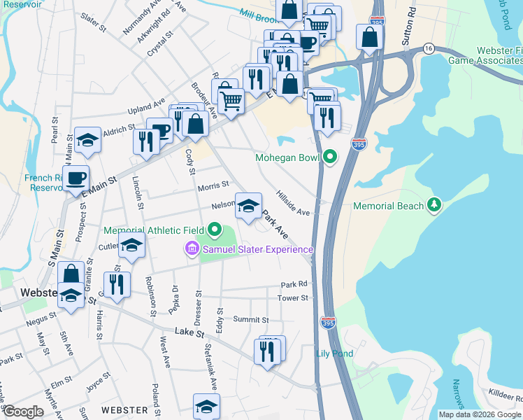 map of restaurants, bars, coffee shops, grocery stores, and more near 63 Park Avenue in Webster