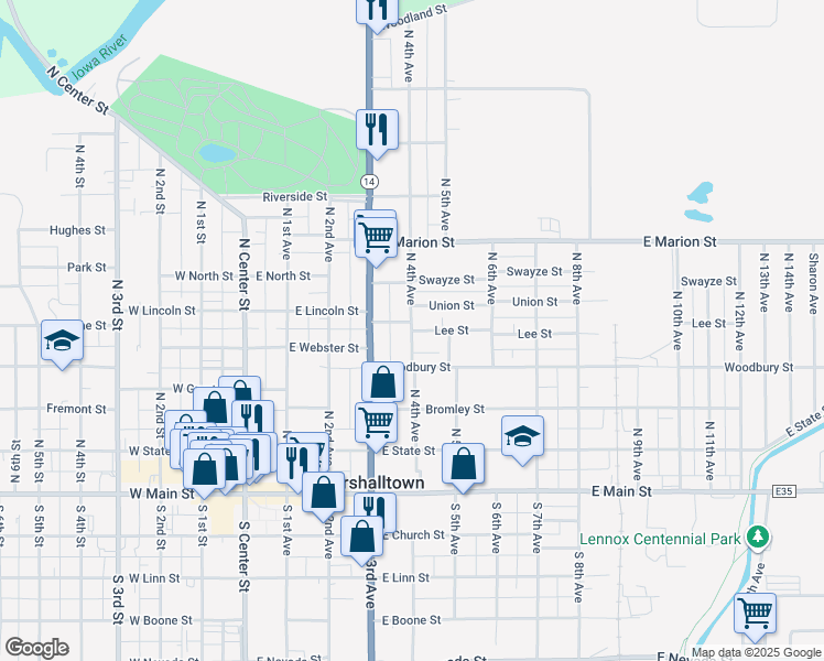 map of restaurants, bars, coffee shops, grocery stores, and more near 400 Lee Street in Marshalltown