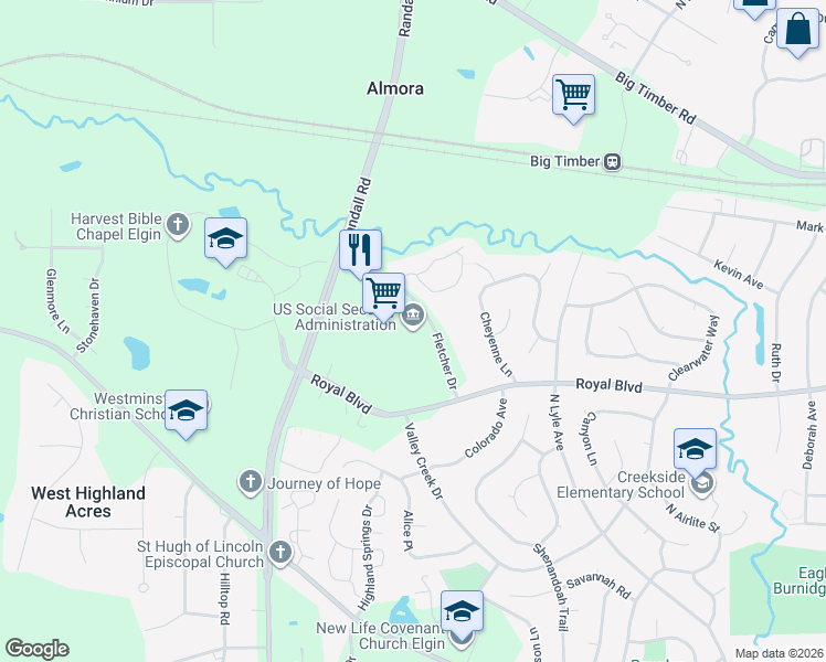map of restaurants, bars, coffee shops, grocery stores, and more near 790 Fletcher Drive in Elgin