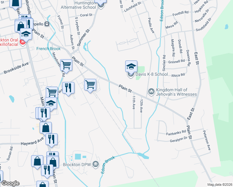 map of restaurants, bars, coffee shops, grocery stores, and more near 7 9th Avenue in Brockton
