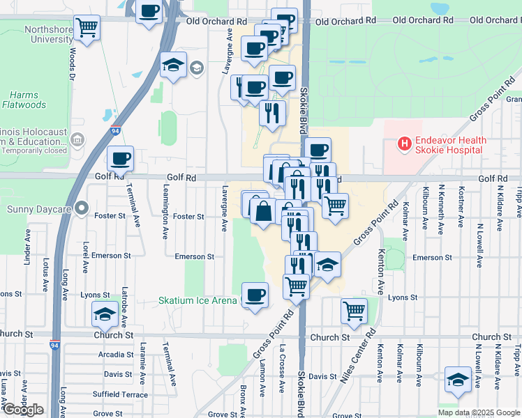 map of restaurants, bars, coffee shops, grocery stores, and more near 4900 Foster Street in Skokie