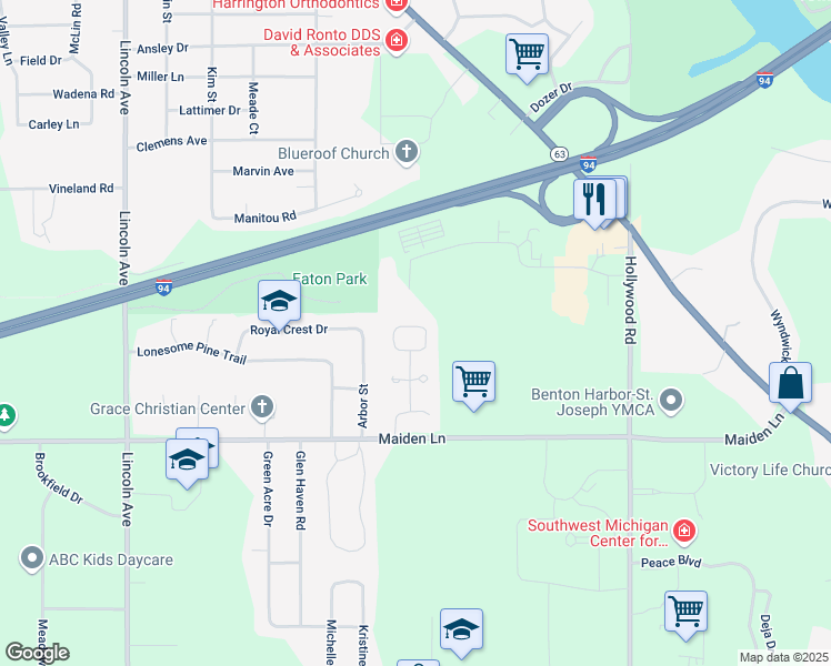 map of restaurants, bars, coffee shops, grocery stores, and more near 439 Symphony Circle in St. Joseph