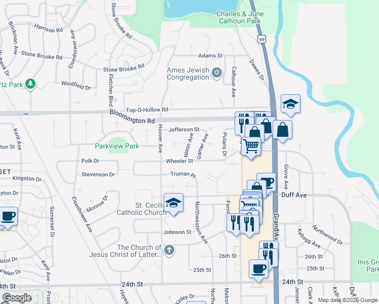 map of restaurants, bars, coffee shops, grocery stores, and more near 3217 Nixon Avenue in Ames