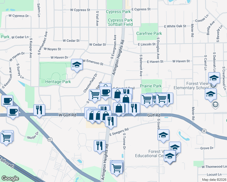 map of restaurants, bars, coffee shops, grocery stores, and more near 1655 South Arlington Heights Road in Arlington Heights