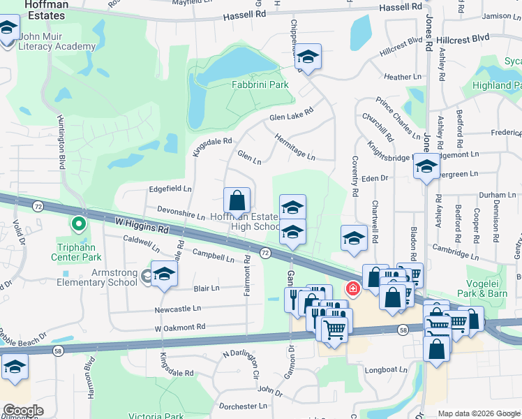 map of restaurants, bars, coffee shops, grocery stores, and more near 1531 Fairfield Lane in Hoffman Estates