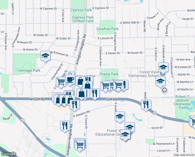 map of restaurants, bars, coffee shops, grocery stores, and more near 311 East Council Trail in Arlington Heights