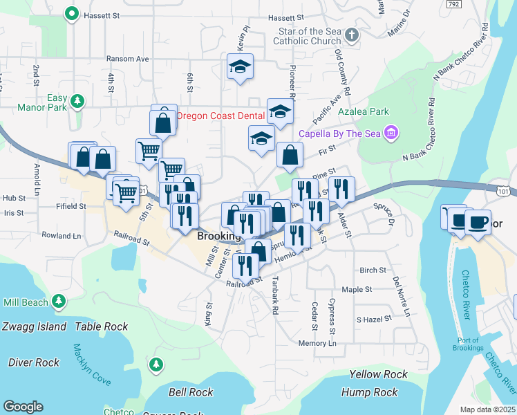 map of restaurants, bars, coffee shops, grocery stores, and more near 424 Fern Avenue in Brookings