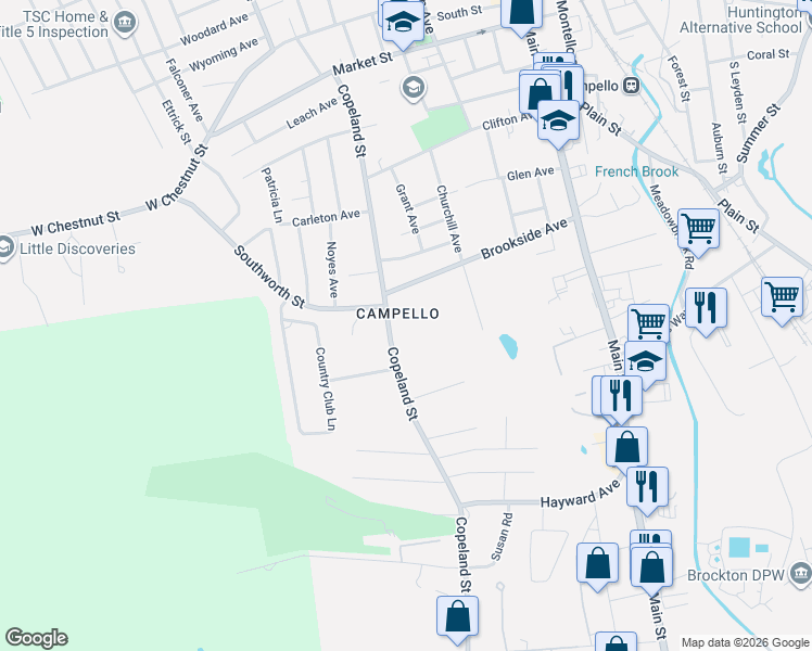map of restaurants, bars, coffee shops, grocery stores, and more near 220 Copeland Street in Brockton