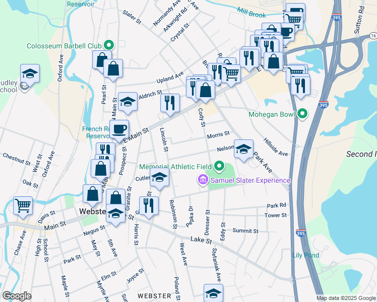 map of restaurants, bars, coffee shops, grocery stores, and more near 7 Nelson Street in Webster