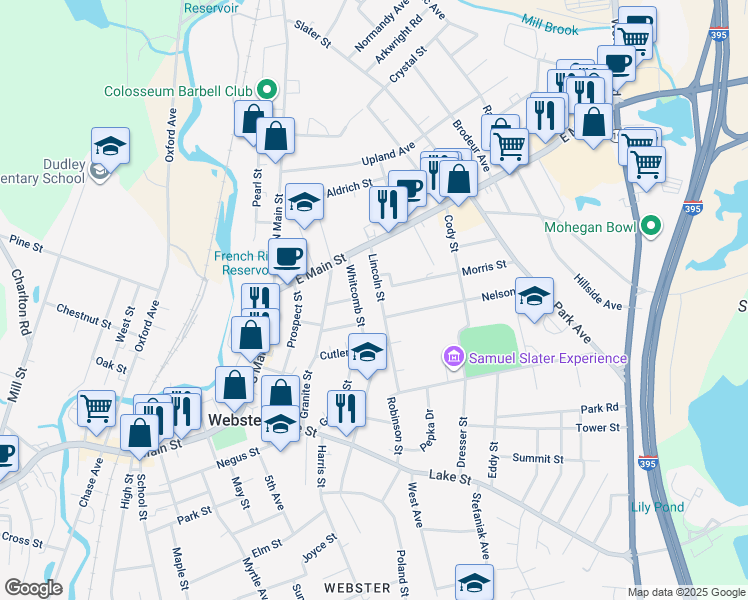 map of restaurants, bars, coffee shops, grocery stores, and more near 24 Lincoln Street in Webster