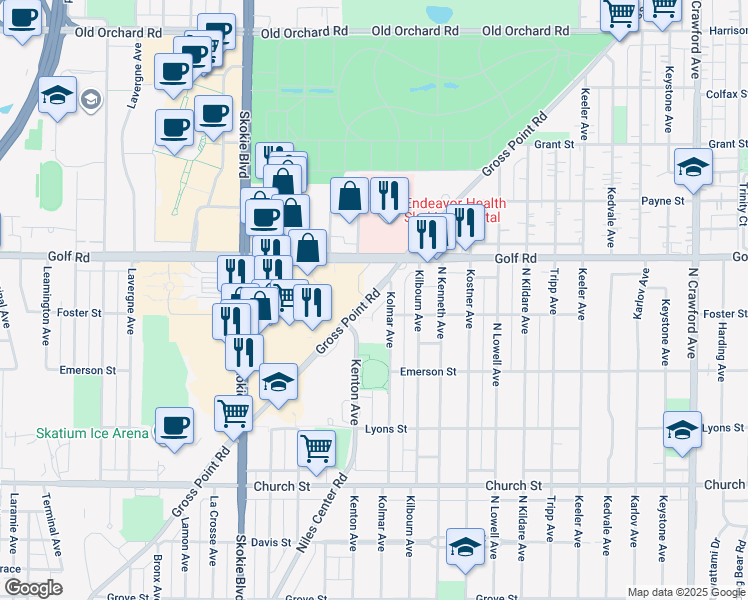 map of restaurants, bars, coffee shops, grocery stores, and more near 9525 Gross Point Road in Skokie