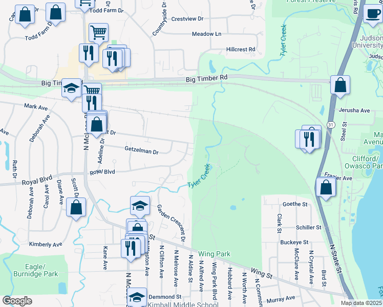map of restaurants, bars, coffee shops, grocery stores, and more near 1145 Royal Boulevard in Elgin