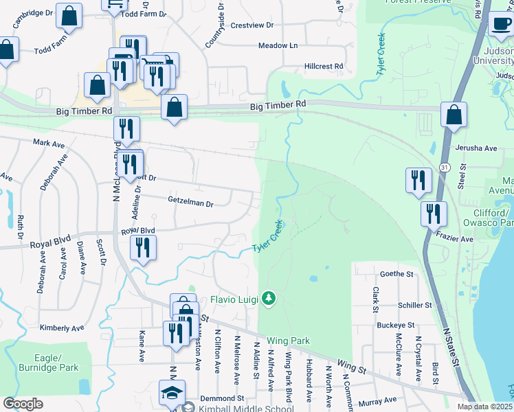 map of restaurants, bars, coffee shops, grocery stores, and more near 1145 Royal Boulevard in Elgin