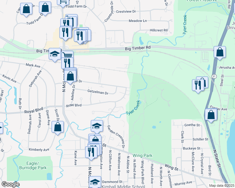 map of restaurants, bars, coffee shops, grocery stores, and more near 1269 Getzelman Drive in Elgin