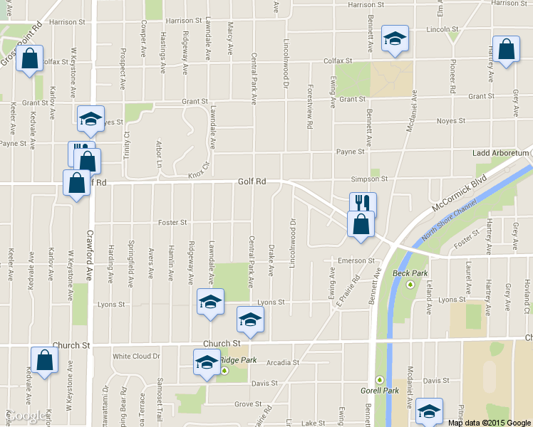 map of restaurants, bars, coffee shops, grocery stores, and more near 9510 Drake Ave in Evanston