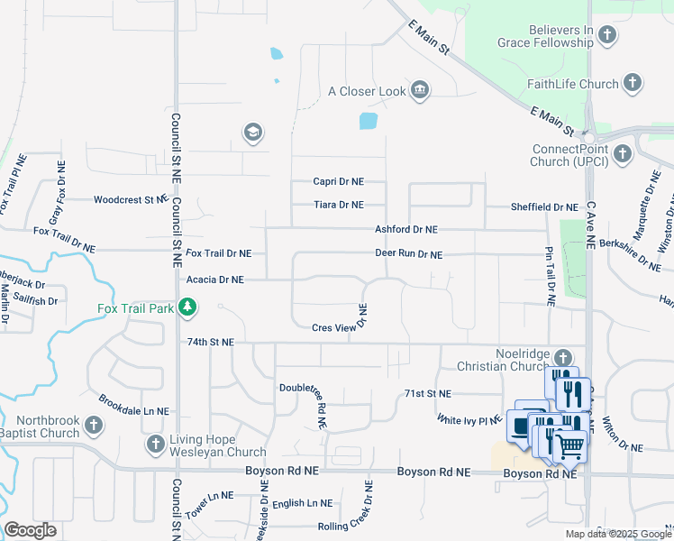map of restaurants, bars, coffee shops, grocery stores, and more near 1020 Acacia Drive Northeast in Cedar Rapids