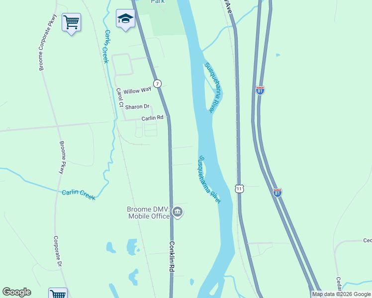 map of restaurants, bars, coffee shops, grocery stores, and more near 1233 Conklin Road in Conklin