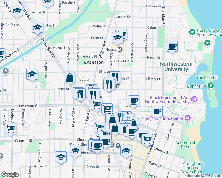 map of restaurants, bars, coffee shops, grocery stores, and more near Maple Avenue in Evanston