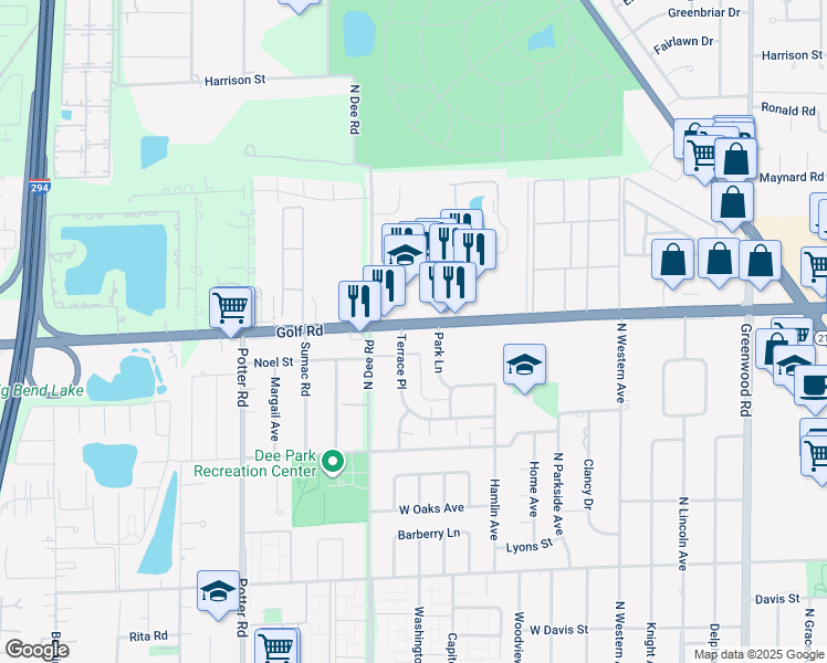map of restaurants, bars, coffee shops, grocery stores, and more near 956 Terrace Place in Des Plaines
