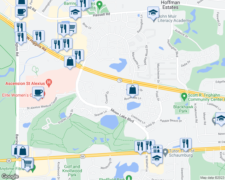map of restaurants, bars, coffee shops, grocery stores, and more near 1633 Cornell Drive in Hoffman Estates